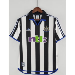 Mens Newcastle United Retro Home Jersey 2000/01 on hanger showing black and white stripes with blue trim and ntl: