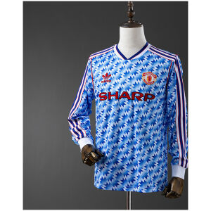 Mens Manchester United Retro Long Sleeve Away Jersey 1990/92 on mannequin showing blue-white snowflake mosaic pattern