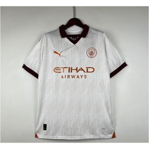 Mens Manchester City Away Jersey 2023/24 on hanger showing off-white body with burgundy collar and copper sponsors