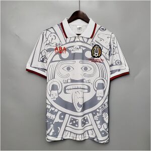 Mens World Cup Mexico Retro Away Jersey 1998 on mannequin showing white body and Aztec Sun Stone