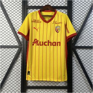 Mens Lens Home Jersey 2025/26 Mens Lens Home Jersey 2025/26 on hanger displaying yellow body with red vertical pinstripes and anniversary crest