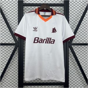 Mens Roma Retro Away Jersey 1992/94 on hanger showing white body and maroon polo collar with stripes