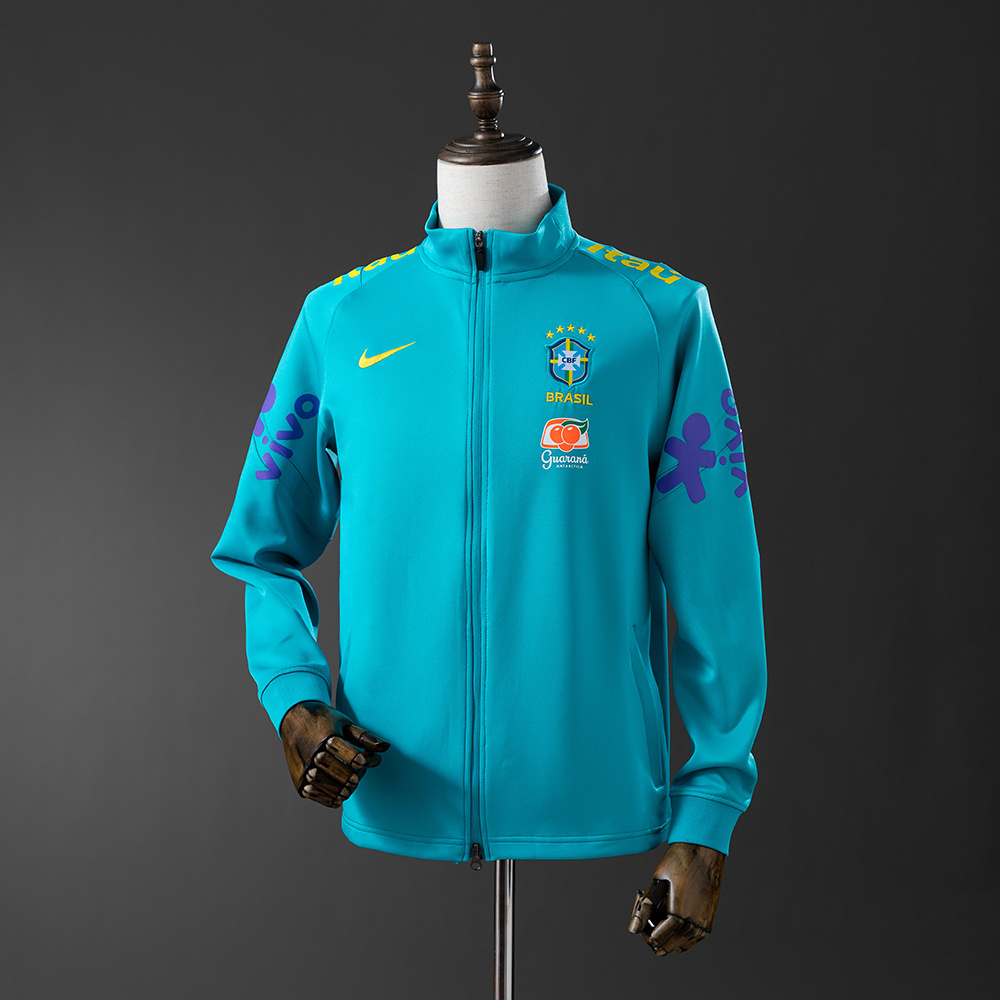 Mens World Cup Brazil Lake Blue Jacket Jersey 2022 Mens World Cup Brazil Lake Blue Jacket Jersey 2022 front view on mannequin showing lake blue shell and full zipper