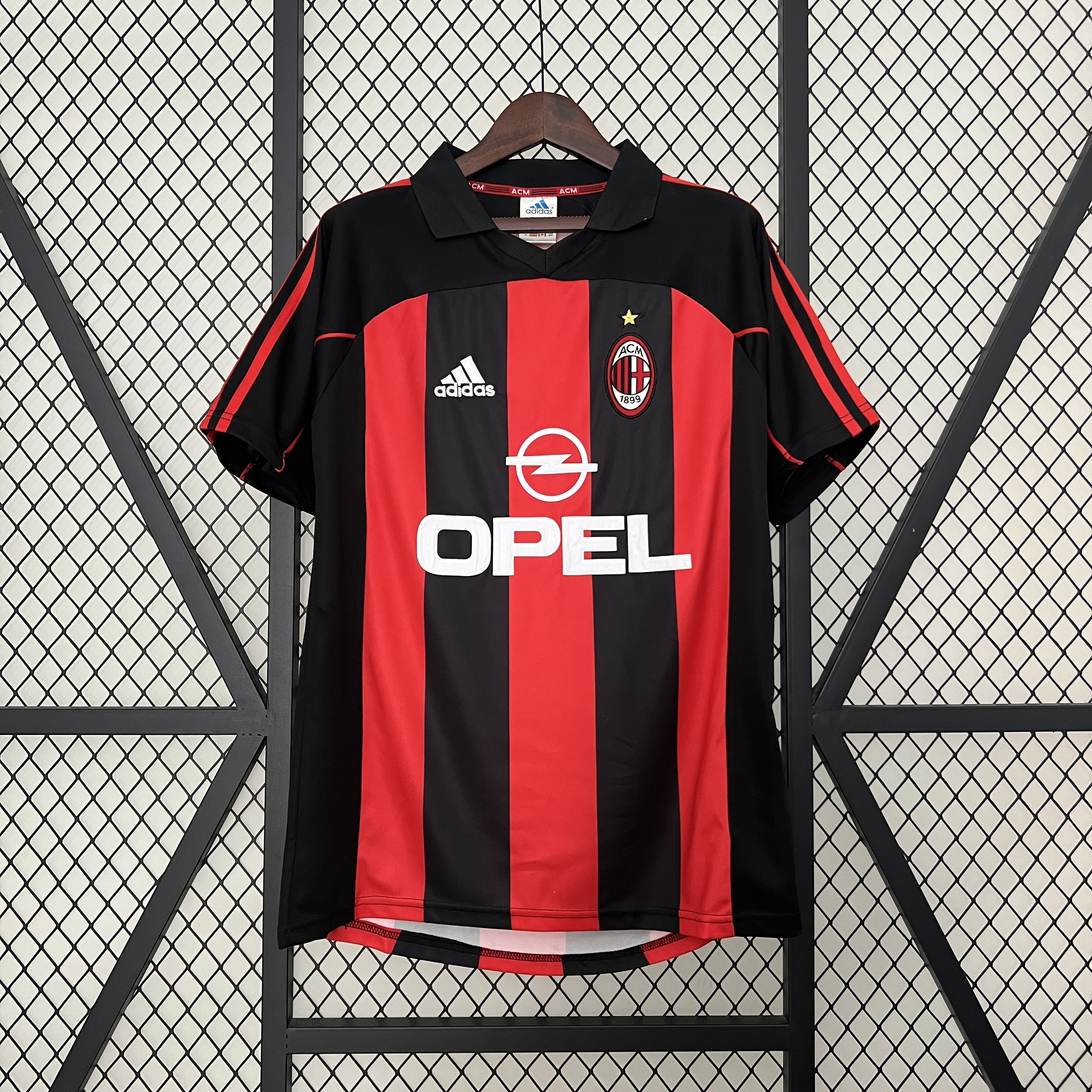 Mens AC Milan Retro Home Jersey 2001/02 Mens AC Milan Retro Home Jersey 2001/02 front view showing stripes and Opel sponsor
