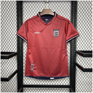 Mens World Cup England Retro Away Jersey 2002 front view on hanger showing crimson red body and Three Lions crest