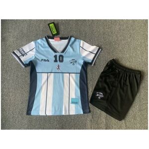 Kids Argentina Maradona Retro Kit 2001 laid flat showing tribute jersey with number 10 and black shorts