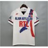 Mens PSG Retro Home Jersey 1990/92 on hanger showing white shirt with painterly Eiffel Tower brushstroke and RTL sponsor