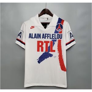 Mens PSG Retro Home Jersey 1990/92 on hanger showing white shirt with painterly Eiffel Tower brushstroke and RTL sponsor