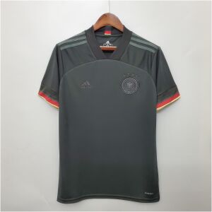 Mens Germany Retro Away Jersey 2020 front view on hanger showing blackout colorway and tricolor cuffs