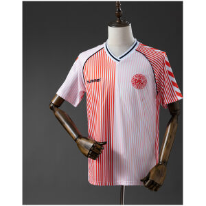 Mens Denmark Retro Away Jersey 1986 front view on mannequin showing halved pinstripe design and DBU crest