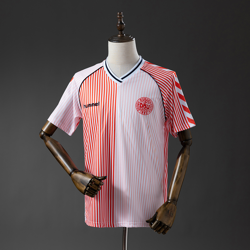 Mens Denmark Retro Away Jersey 1986 Mens Denmark Retro Away Jersey 1986 front view on mannequin showing halved pinstripe design and DBU crest