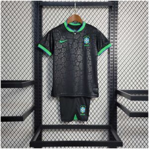 Kids World Cup Brazil Leopard Black Kit 2022 on hanger showing black jersey and shorts with neon green trims