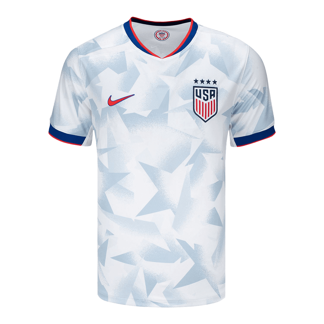 Womens USWNT Team Home Jersey 2025 White USA jersey with ice-blue geometric print and US Soccer crest front view