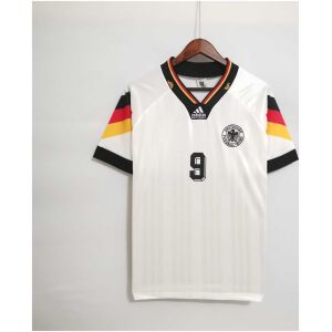 Mens Germany Retro Home Jersey 1992 front view on hanger showing tricolor shoulder blocks and number 9