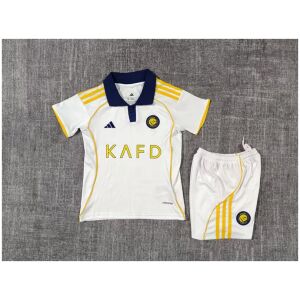 Kids Al Nassr Third Kit 2025/26 front view displaying white polo jersey and shorts
