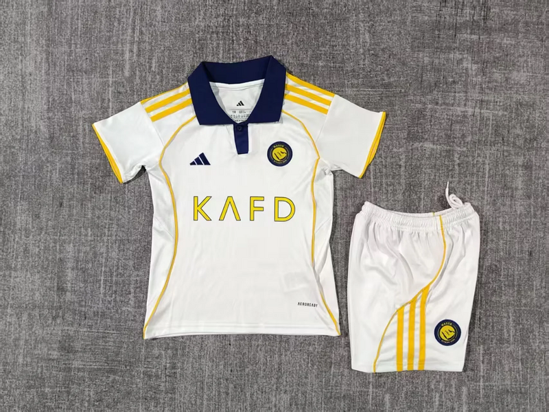 Kids Al Nassr Third Kit 2025/26 Kids Al Nassr Third Kit 2025/26 front view displaying white polo jersey and shorts