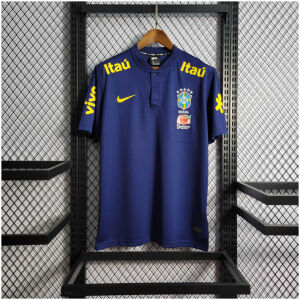Mens World Cup Brazil Low Neck Royal Blue Polo 2022 on hanger showing royal blue body with low collar
