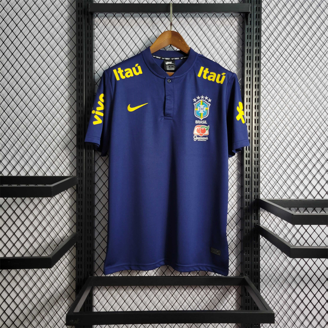 Mens World Cup Brazil Low Neck Royal Blue Polo 2022 Mens World Cup Brazil Low Neck Royal Blue Polo 2022 on hanger showing royal blue body with low collar