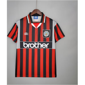 Mens Manchester City Retro Away Jersey 1994/96 on hanger showing red and black vertical stripes with brother sponsor