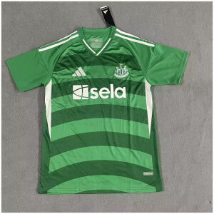 Mens Newcastle Away Jersey 2025/26 laid flat showing two-tone green hoop pattern with white sela logo