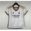 White Real Madrid home shirt with black collar trim and Emirates sponsor front view