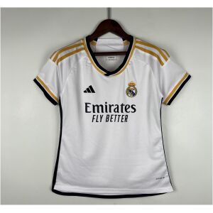 White Real Madrid home shirt with black collar trim and Emirates sponsor front view