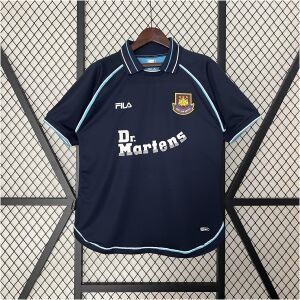 Mens West Ham United Retro Third Jersey 1999/01 on hanger showing navy body with sky blue piping and Dr. Martens
