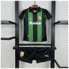 Kids Lens Away Kit 2025/26 hanging two-piece set showing green and black striped jersey and black shorts