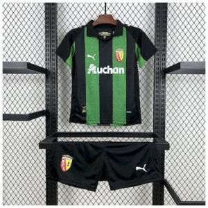 Kids Lens Away Kit 2025/26 Kids Lens Away Kit 2025/26 hanging two-piece set showing green and black striped jersey and black shorts