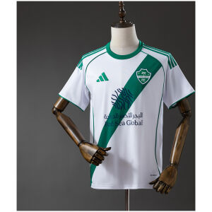Mens Al Ahli Away Jersey 2025/26 on mannequin showing white body with dark green diagonal sash and Red Sea Global
