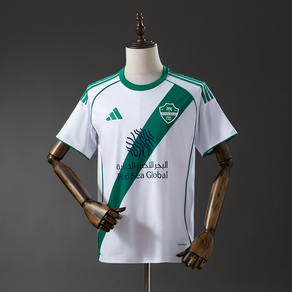 Mens Al Ahli Away Jersey 2025/26 Mens Al Ahli Away Jersey 2025/26 on mannequin showing white body with dark green diagonal sash and Red Sea Global