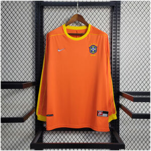 Mens World Cup Brazil s Retro Long Sleeve Goalkeeper Jersey 1998 on hanger showing orange body with yellow cuffs