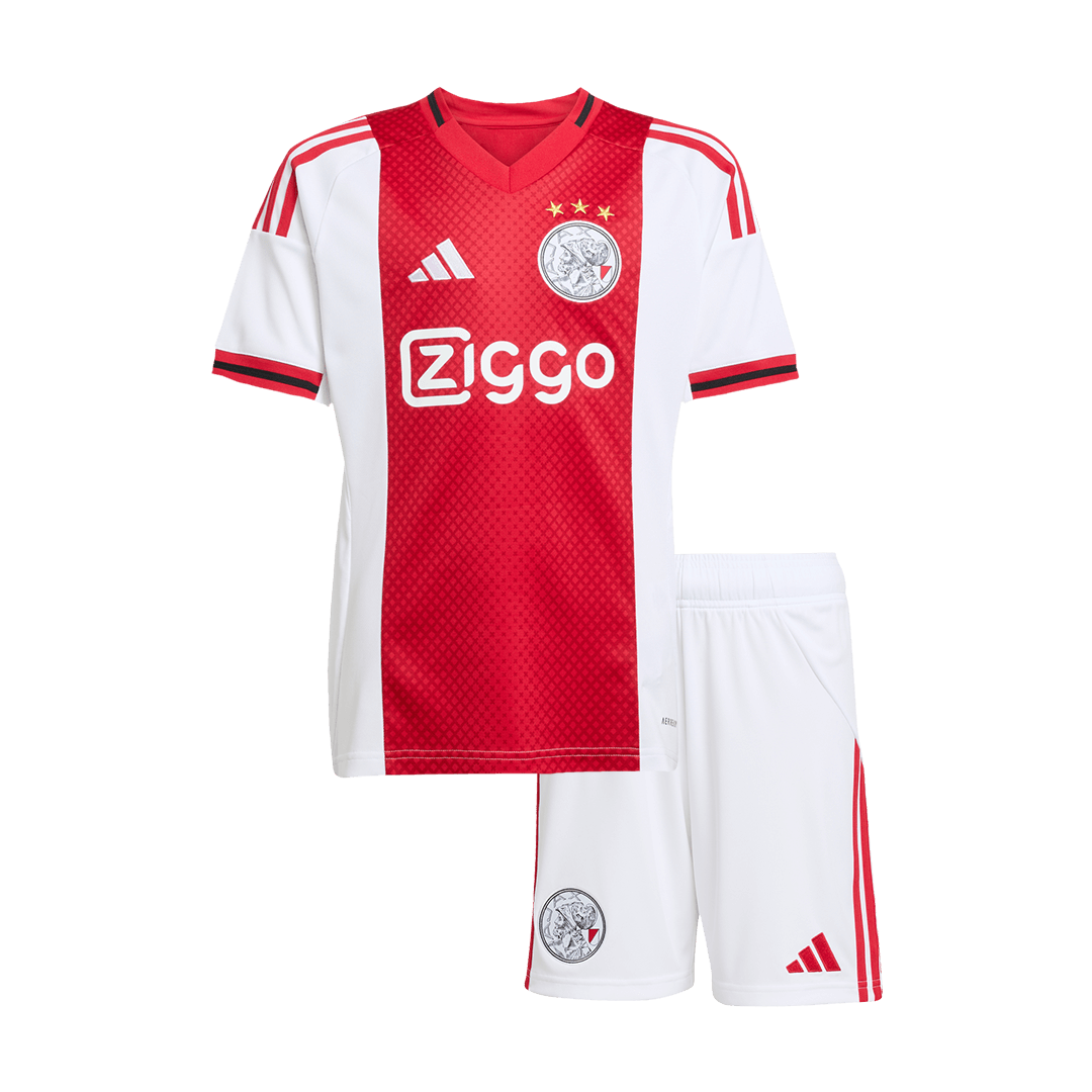 Kids Ajax Home Kit 2025/26 Kids Ajax home kit white and red shirt with Ziggo sponsor front view
