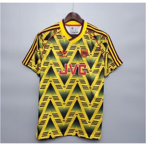Mens Arsenal Retro Away Jersey 1991/93 on hanger showing Bruised Banana yellow and black chevron graphic with red JVC sponsor