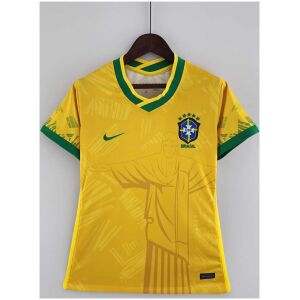 Womens World Cup Brazil classic yellow Jersey 2022 on hanger showing yellow body with Christ statue line art