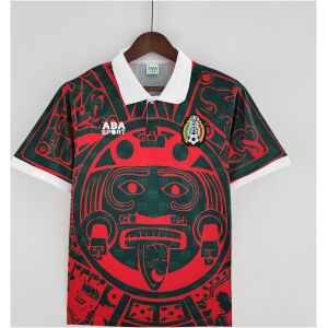 Mens Mexico Retro Fourth Jersey 1997 on mannequin showing forest green base and red Aztec Sun Stone