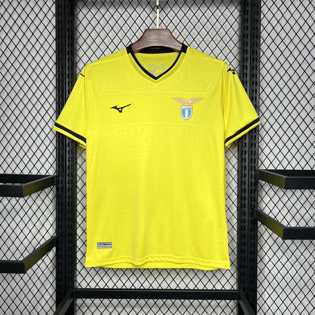 Mens Lazio Away Jersey 2024/25 Mens Lazio Away Jersey 2024/25 on hanger showing electric yellow body with navy V-neck trim