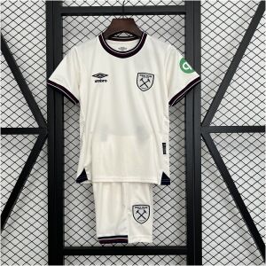 Kids West Ham United Away Kit 2025/26 set laid flat showing off-white jersey with striped collar and matching shorts
