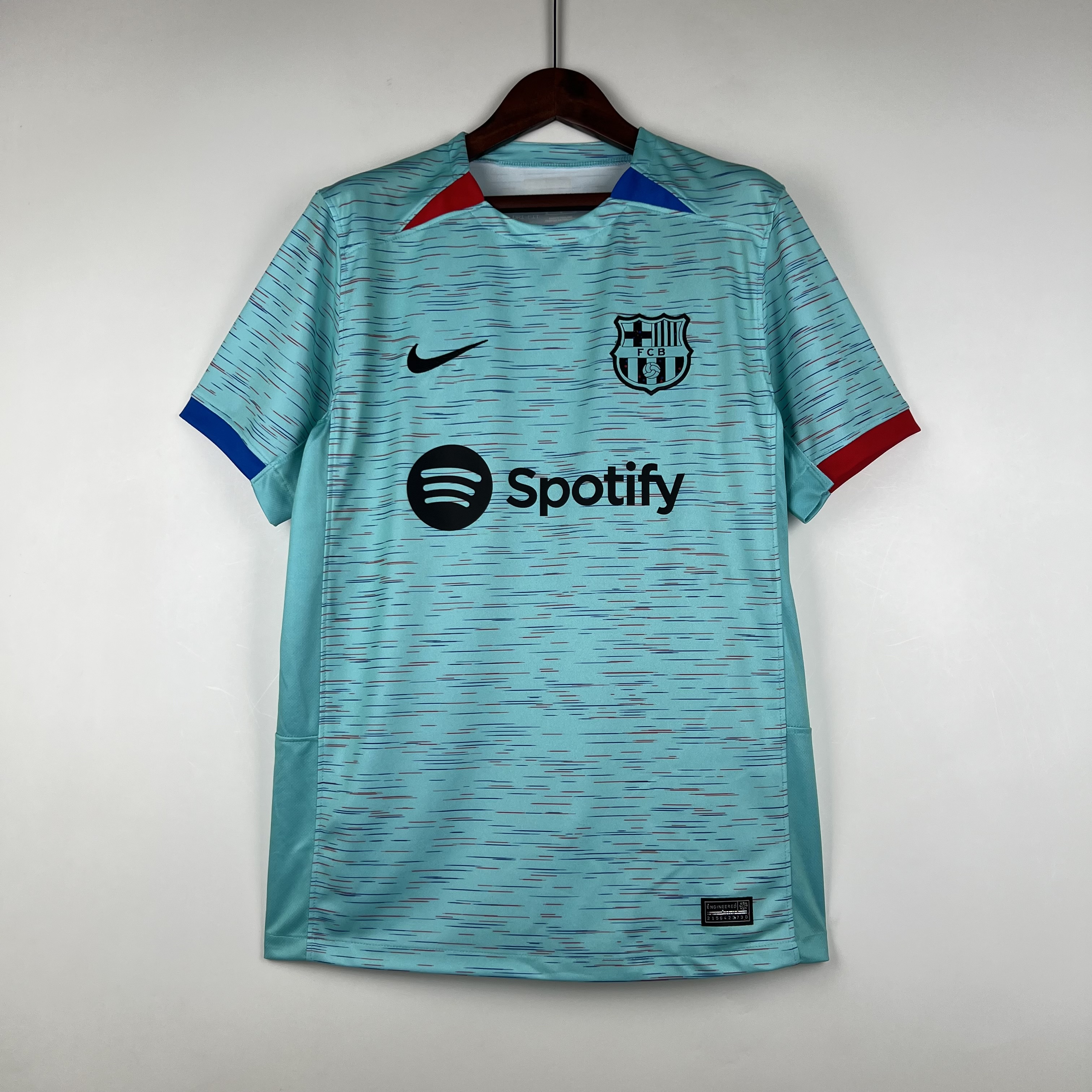 Mens Barcelona Third Jersey 2023/24 Barcelona third jersey 2023/24 light aqua with dark teal dash stripes front view