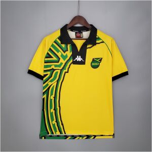 Mens World Cup Jamaica Retro Home Jersey 1998 on mannequin showing yellow base and tribal wing panel