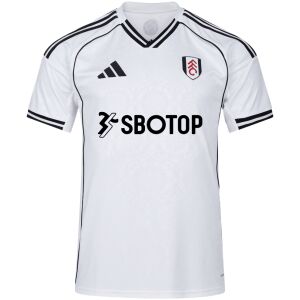 Fulham home shirt in white with black V-neck trim, SBOTOP chest branding, front view