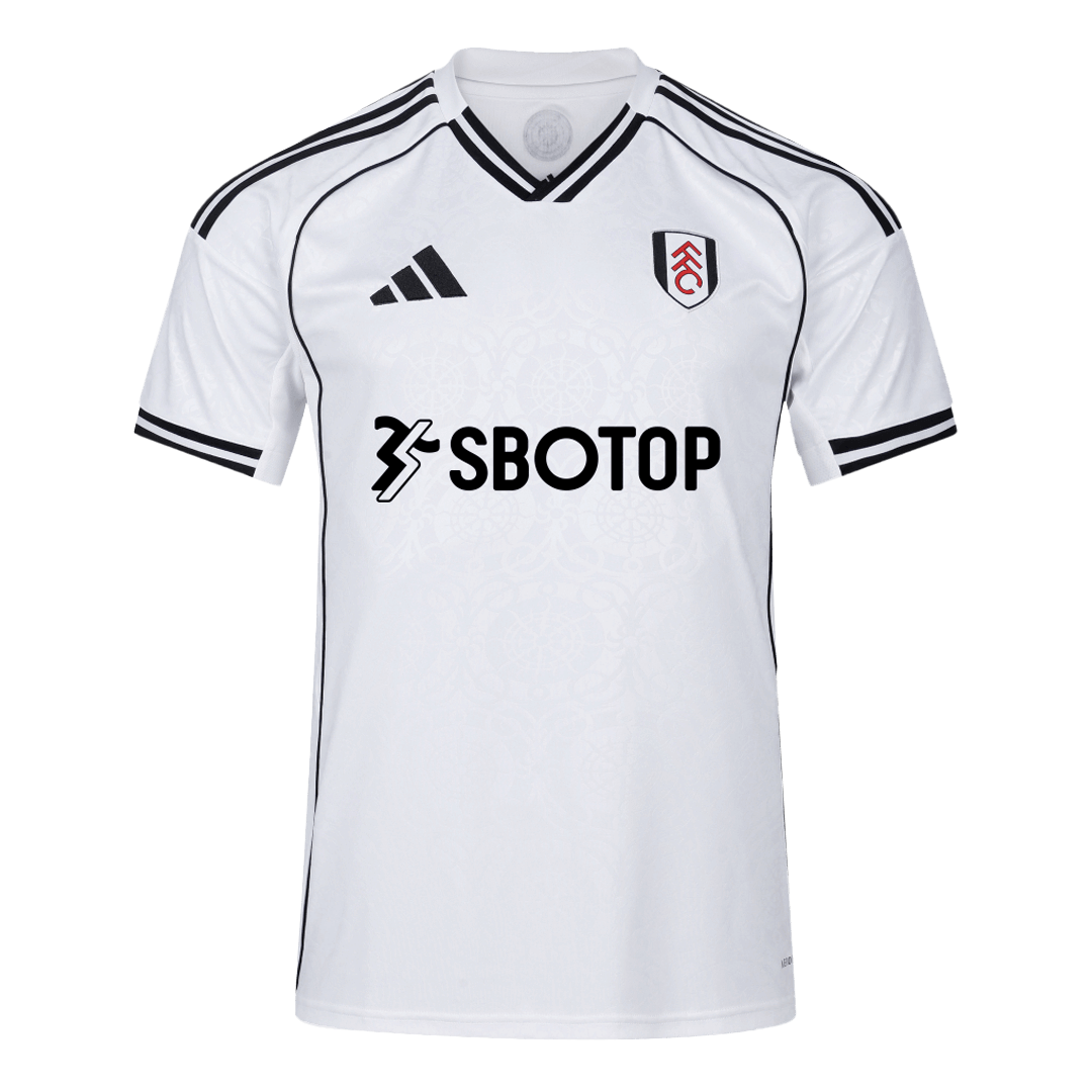 Mens Fulham Home Jersey 2025/26 Fulham home shirt in white with black V-neck trim, SBOTOP chest branding, front view
