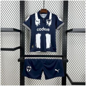 Kids Monterrey Home Kit 2025/26 front view with polo shirt and navy shorts