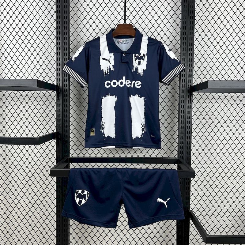 Kids Monterrey Home Kit 2025/26 Kids Monterrey Home Kit 2025/26 front view with polo shirt and navy shorts