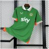 Mens Ireland green Home Jersey 2025 angled on hanger against wire rack showing polo collar and crest