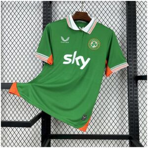 Mens Ireland green Home Jersey 2025 angled on hanger against wire rack showing polo collar and crest