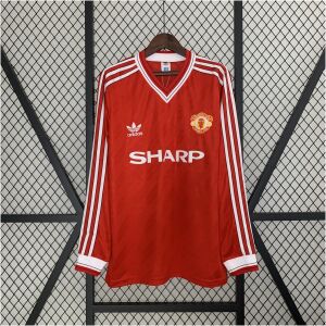 Mens Manchester United Retro Long Sleeve Home Jersey 1986/88 on mannequin showing red body with diagonal shadow stripes