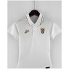 Womens World Cup Brazil White Polo 2022 on hanger showing white pique body with gold-tipped collar