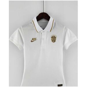 Womens World Cup Brazil White Polo 2022 on hanger showing white pique body with gold-tipped collar