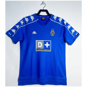 Mens Juventus Retro Away Jersey 1999/00 on hanger showing royal blue body and taped shoulders